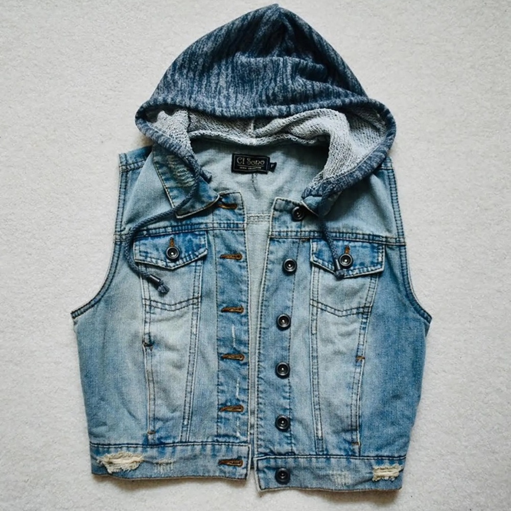 Denim Vest with Sweat Shirt Hoodie Attached